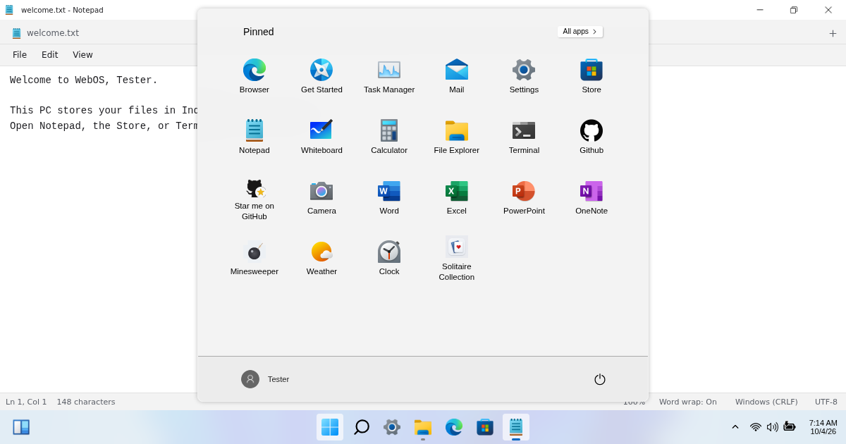 The Win11 WebOS browser desktop, taskbar and File Explorer
